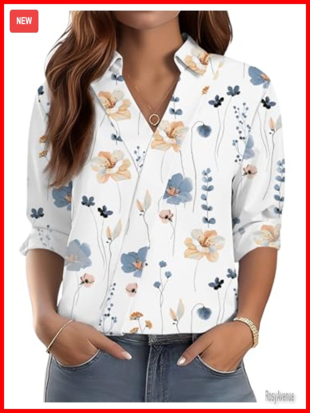 3/4 Sleeve V-Neck Collared Dressy Blouse for Women Business Casual Work Top
